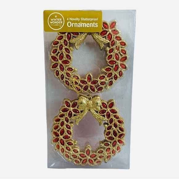 Set of 4 Novelty Shatterproof Ornament WINTER WONDER Red Gold Wreath Xmas Decor - Picture 2 of 3